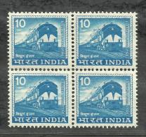 INDIA, 1976, DEFINITIVES,  Definitive,10 ONLY (P NOT INDICATED).  Locomotive,  Train, Transport, Block Of 4,  MNH, (**) - Ongebruikt
