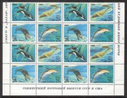 Marine Mammals 1990 USSR MNH  4 Stamps Block Of 16 Mi 6130-33 +LABELS. Whales, Northern Sealions, Sea Otter, Dolphin - Ballenas