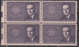 Atomic Energy Act For Peaceful Uses,  United States MNH Block Of 4, Brien Mcmohan, Science, Atom - Atomo