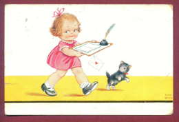 131633 /  Illustrator John Wills - Cat Chats Katzen Gatti - Young Girl Writing A Letter For Valentine´s Day - WSSB 8533 - Wills, John