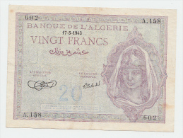 Algeria 20 Francs 1943 VF+ CRISP Banknote P 92a 92 A - Algeria