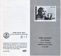 ALBERT EINSTEIN- INDIA 1979- 100TH BIRTH ANNIVERSARY ISSUE- OFFICIAL FOLDER WITH CANCELLATION ON FIRST DAY - Albert Einstein