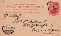 00815 Enteropostal De London A Roln-Alemania 1893 - Other & Unclassified