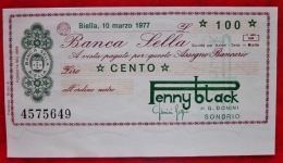 Raro Miniassegni Banca Sella 10.03.77  LIT.100 PennyBlack G. Donini  Sondrio - [10] Scheck Und Mini-Scheck