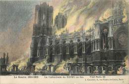 REIMS LA CATHEDRALE EN FEU CARTE COLORISEE - Reims