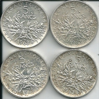 4 Pieces  5 Francs Argent  1963  ( Non Nettoyées ) Port 1,55eur + Frais Paypal De 5% Si Reglement Avec. - J. 5 Francos