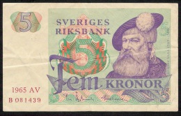SWEDEN  P51a  5  KRONOR 1965 #AV  FIRST DATE   VF  Few Folds NO P.h. - Suède