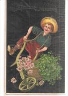 80574) Cartolina Di  Auguri Raffigurante Un Bambino Che Spinge Una Cariola Cantando - Stampa In Rilievo - Humorvolle Karten