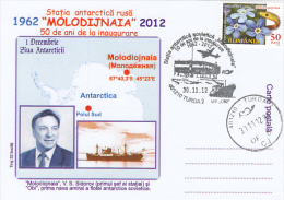 ANTARKTIK EXPLORER, MOLODIJNAIA BASE, PLANES, SHIP, CM, MAXICARD, CARTES MAXIMUM, 2012, ROMANIA - Explorateurs