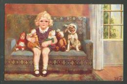 LITTLE  GIRL  WITH   ILL  DOLL  TEDDY  BEAR  DOG , FIALKOWSKA  , OLD POSTCARD, O - Humorous Cards