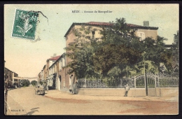 CPA ANCIENNE- FRANCE- MEZE (34)- AVENUE DE MONTPELLIER COLORISÉE- GROS PLAN AVEC ANIMATION- ATTELAGE AGRICOLE- HOTEL - Mèze