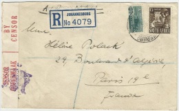 South Africa 1945 Censored Registered Postal Envelope Cover To France - Storia Postale