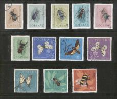 POLAND 1961 PROTECTED ENDANGERED INSECTS SET OF 12 BUTTERFLIES BEES BEETLES ANTS USED - Abejas