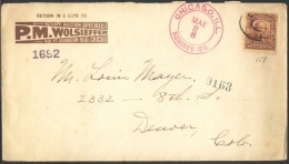 USA - AMERICA -  Sc. 307 WEBSTER  - CHICAGO Ill. To DENVER - RECOM. Red Cancell. - AUCTION HOUSE  P.M. WOLSIEFFER - 1908 - Lettres & Documents