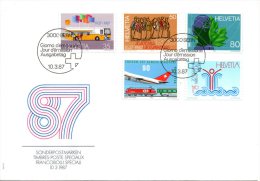 SUISSE. N°1269-73 Sur Enveloppe 1er Jour (FDC) De 1987. Autobus Postal/Université/Avion/T Rain/Thermalisme. - Bus