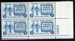 USA - 1948 - Salute To Youth Issue - Control Block - Plate 23865 - Unused Stamps