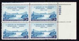 USA - 1948 - U.S.- Canada Friendship Centenary - Control Block - Plate 23854 - Unused Stamps