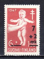 (SA0270) FINLAND, 1948 (Anti-Tuberculosis Fund. Overprint. 7M + 2M. On 6M. + 1.50 M., Dark Red). Mi # 353. MNH** Stamp - Unused Stamps