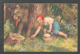 WOLF  AND  LITTLE RED RIDINGHOOD  , OLD POSTCARD, O - Andere & Zonder Classificatie
