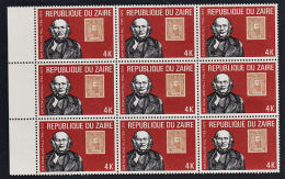 A5239 ZAIRE 1980, SG 987 100th Anniv Rowland Hill, 4K Marginal  Block Of 9  MNH - Nuovi