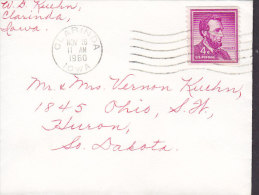 United States "Petite" CLARINDA Iowa 1960 Cover To HURON South Dakota Abraham Lincoln Single Stamp - Covers & Documents