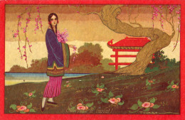 ART DÉCO : CORBELLA : JEUNE FEMME Dans JARDIN JAPONAIS / JAPAN - ILLUSTRATION SIGNÉE: T. CORBELLA - ANNÉE ~ 1925 (o-616) - Corbella, T.