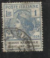 ITALY KINGDOM ITALIA REGNO 1924 PARASTATALI CASSA NAZIONALE ASSICURAZIONI INFORTUNI SUL LAVORO LIRE 1 USED - Portofreiheit