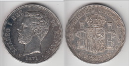 QUALITE **** SPAIN - ESPAGNE - 5 PESETAS 1871 (71) SD-M AMADEO I - SILVER -ARGENT **** EN ACHAT IMMEDIAT !!! - First Minting