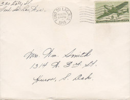 United States FOND DU LAC Wisconsin 1945 Cover Brief To HURON South Dakota Airmail Aeroplane Flugzeug Single Stamp - Briefe U. Dokumente