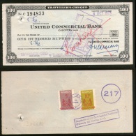 India United Commercial Bank Rs.100 Travellers Cheque Singapore Revenue # 6255C - Bank & Insurance