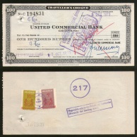 India United Commercial Bank Rs.100 Travellers Cheque Singapore Revenue # 6255D - Banco & Caja De Ahorros