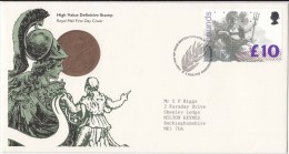 Great Britain FDC 1993, 10 Pounds, High Value  Definitive Stamp. Britannia - 1991-2000 Decimal Issues