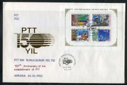 TURKEY 1990 FDC - 150th Anniv. Of The Establishment PTT (Postal Service), Michel Bl.29; ISFILA Bl.32, Scott #2491-94a. - FDC