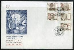 TURKEY 1993 FDC - Famous Turks (Regular Issue Stamps), Michel #2994-98; ISFILA #3388-92, Scott #2577-81. - FDC