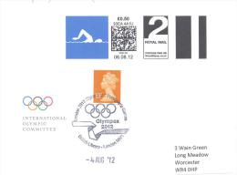 UK Olympic Games London 2012 Letter; Olympic Swimming 2nd Class Smart Stamp Uprated To 1st Class; Olympex Cancellation - Verano 2012: Londres