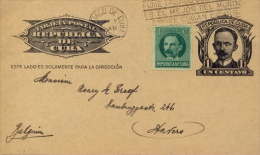 Cuba 1928 Postal Stationery Postcard 1 Cent. + 1 Cent. Martì Imperforate From Santiago To Belgium - Brieven En Documenten