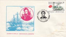 EXPLORERS, DUMONT D'URVILLE, SHIP, SPECIAL COVER, 1992, ROMANIA - Explorateurs