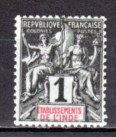 (SA0968) FRENCH INDIA, 1892 ("Tablet"-type, 1c., Black And Red On Lilac Blue). Mi # 1. MLH* Stamp - Neufs