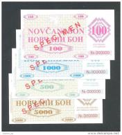 BOSNIA - BOSNIEN UND HERZEGOWINA, 100, 500,1000 & 5000 Dinara 1992 UNC *SPECIMEN* No. 000000,Handstamp:FILIJALA SARAJEVO - Bosnien-Herzegowina