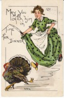 Griggs 'HBG' Signed Artist Image, Thanksgiving Woman Chases Turkey, C1900s Vintage Postcard - Giorno Del Ringraziamento