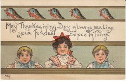 Griggs 'HBG' Signed Artist Image, Thanksgiving Beautiful Children & Turkey, C1900s Vintage Postcard - Thanksgiving