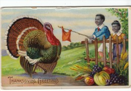 Thanksgiving Greetings, Black Children & Turkey, C1910s Vintage Postcard - Giorno Del Ringraziamento