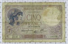 5 Francs Violet Type 1917 Modifié, Ref Fayette 4-3, état TB - 5 F 1917-1940 ''Violet''