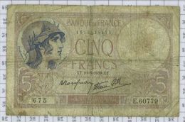 5 Francs Violet Type 1917 Modifié, Ref Fayette 4-5, état TB - 5 F 1917-1940 ''Violet''