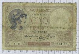 5 Francs Violet Type 1917 Modifié, Ref Fayette 4-11, état TB - 5 F 1917-1940 ''Violet''