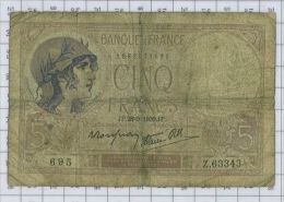 5 Francs Violet Type 1917 Modifié, Ref Fayette 4-10, état B-TB - 5 F 1917-1940 ''Violet''