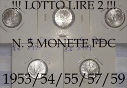 !!! N. 5 MONETE FDC DA 2 LIRE 1953/54/55/57/59 !!! TUTTE FDC/UNC - 2 Lire