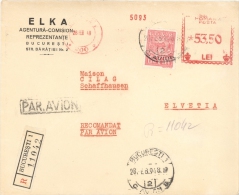 Enveloppe  Recommandée Par Avion 1948 Bucarest --> Suisse, Affr. EMA 53 Lei 50 Plus Timbre IOVR 1 Leu - Briefe U. Dokumente