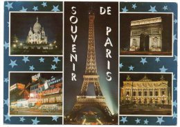 CP, 75, PARIS, La Nuit, Multivues, Voyagé - París La Noche