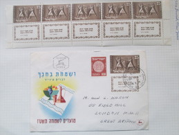 ISRAEL 1954 7TH NEW YEAR TAB STAMP STRIP, FDC - Unused Stamps (with Tabs)